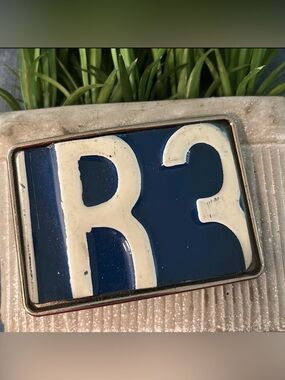 License plate belt buckle NEW artisan made blue white buckle R3 one of a kind